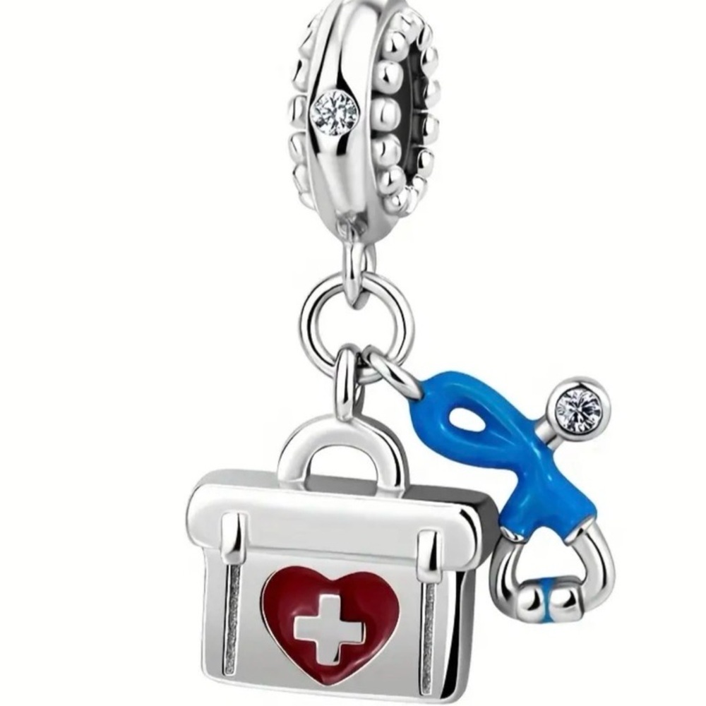 Sterling Silver Medical Charm Pendant with Red Heart and Blue Stethoscope - Picture 5 of 5